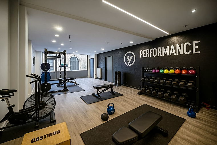 La salle d’entraînement du VLSport Center, avec vélo assault, kettlebells et haltères